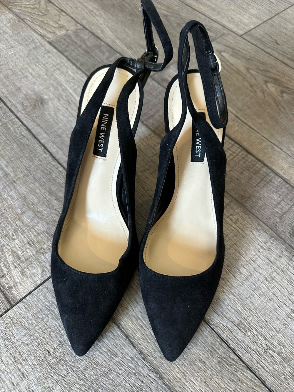Nine West Black Suede Pointed Toe Slingback Heels